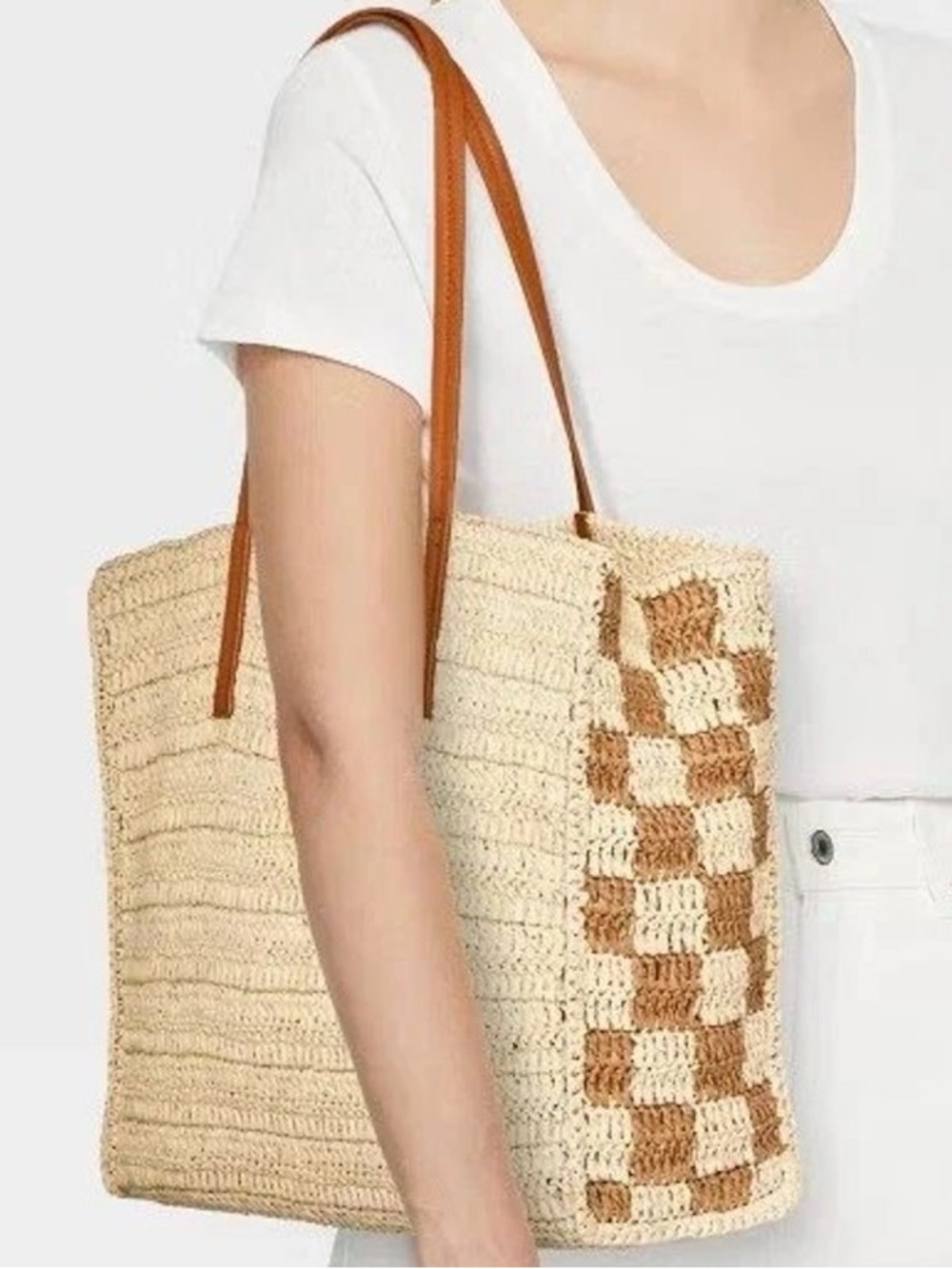 NWT Universal Thread Woven Packable Checkered Boxy Tote Natural Beach Bag Purse